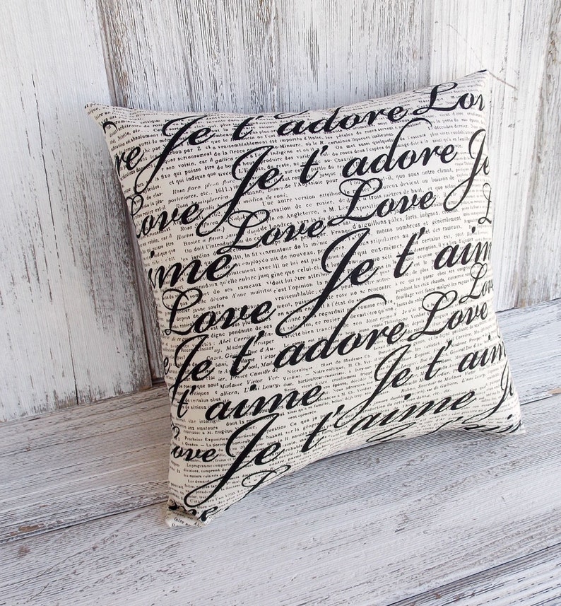 script love messages in black with translations and vintage text romantic home decor French pillow cushion