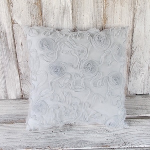 Pillow cushion in gray and pink with texture, flowers and ruffles, shabby chic romantic home decor