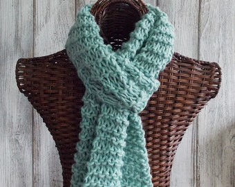 Knitted scarf in blue green, very soft and light wool blend fashion accessory