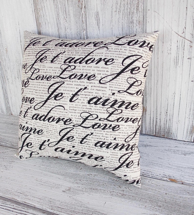script love messages in black with translations and vintage text romantic home decor French pillow cushion