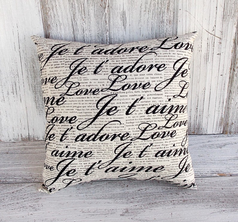 script love messages in black with translations and vintage text romantic home decor French pillow cushion