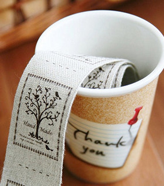 Items similar to Tree on Birds Linen Labels set of 12, handmade, U7096 on Etsy
