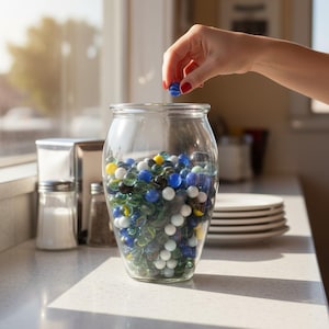 Op de afbeelding: Een heldere glazen vaas gevuld met een verzameling kleine, ronde, veelkleurige glazen knikkers in tinten blauw, wit, geel, groen en zwart. De knikkers zijn glad en reflecterend, waarbij sommige wervelende patronen in het glas vertonen.