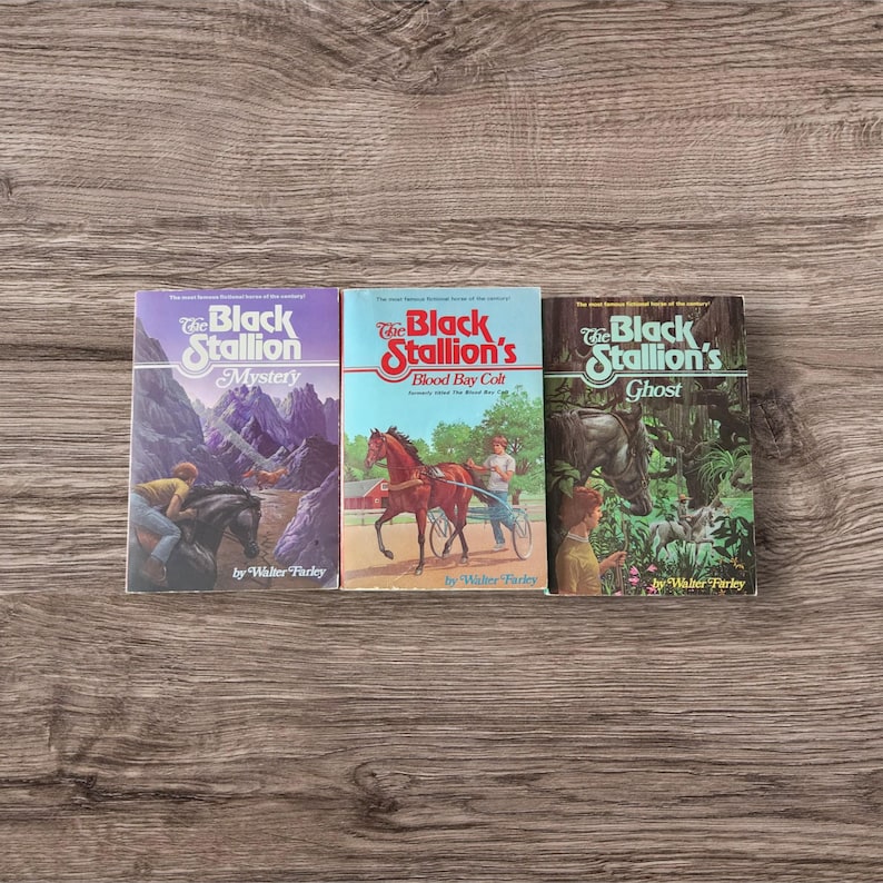 May include: Three vintage paperback books from "The Black Stallion" series by Walter Farley. The covers feature illustrations of horses, riders, and landscapes. Titles include "Mystery," "Blood Bay Colt," and "Ghost."