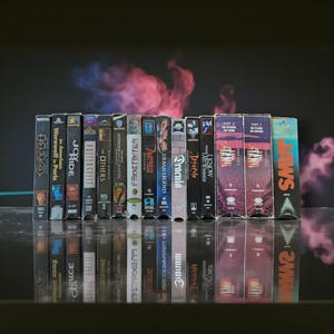 Op de afbeelding: Een verzameling vintage VHS-banden, waaronder titels als "Jaws", "Dracula" en "The Stand". De banden zijn in een rij gerangschikt, met hun ruggen naar de kijker gericht. De achtergrond heeft een donkere gradiënt met roze en blauwe tinten.