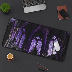 Dark Academia Cathedral Stained Glass Desk Mat | Gothic Purple Black Desk Pad
