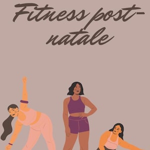 Peut inclure: Trois femmes en différentes poses de fitness. La femme au centre porte un soutien-gorge de sport violet et un short. La femme à gauche porte un soutien-gorge de sport rose et un pantalon. La femme à droite porte un soutien-gorge de sport rose et un pantalon noir. Le texte "Fitness post-natale" est en haut de l'image.