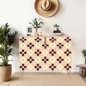 Mid Century Modern Pink Sideboard, Wooden Storage Cabinet, Handmade Cabinet, Printed Front Cabinet, Entryway Buffet, Credenza ( Made in USA)