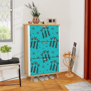 Blue Mid-Century Modern Cat Shoe Cabinet: USA Made Shoe Organizer