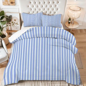 Blue and White Striped Comforter Set: Blue Striped Microfiber Bedding, Blue Striped Dorm Bedding Set, King, Queen, Full, Twin Comforter Set