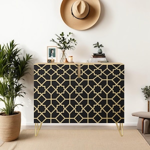 Geometric Moroccan Wooden Cabinet,  Gold and Black Sideboard, Danish Credenza, Wood Furniture, Handmade Cabinet, Buffet (Made in USA)