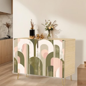Pink and Brown Geometric Sideboard, Wooden Storage Cabinet, Handmade Cabinet, Printed Front Cabinet, Entryway Buffet, Credenza(Made in USA)
