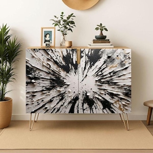 Abstract Ink Splash Storage Cabinet, Black White Wooden Sideboard, Entryway Buffet Console