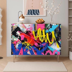 Vibrant Graffiti Storage Cabinet, Grafitti Sideboard, Colorful Wood Credenza, Modern Buffet, Entryway Console