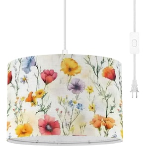 Spring Wildflowers Drum Chandelier Pendant Light, Plug In, 7.9 x 10 inch, 20 x 25 cm Hanging Lampshade, Living Room Chandelier