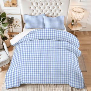 Blue Gingham Comforter Set: Blue Microfiber Plaid Cottage Bedding, Blue Plaid Dorm Comforter Set, King, Queen, Full, Twin Comforter Set