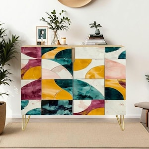 Colorful Geometric Wood Sideboard Cabinet, Entryway Storage Console
