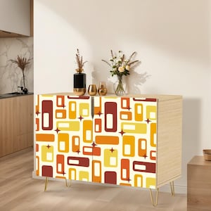 Mid-Century Modern Yellow Sideboard, Yellow Credenza, Wooden Storage Cabinet, Handmade Cabinet, Printed Front Cabinet, Entryway Buffet