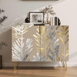 Silver and Gold Palm on Taupe Sideboard, Modern Cabinet, Handmade Cabinet, Buffet with Printed Front, Entryway Cabinet, Console(Made in USA)