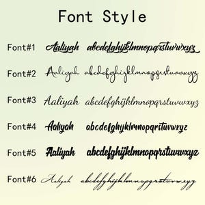 K&ouml;nnte beinhalten: Das Bild zeigt sechs verschiedene Schriftarten, jeweils mit dem Namen "Aaliyah" und dem vollst&auml;ndigen Alphabet. Die Schriftarten variieren im Stil, von eleganter Schreibschrift bis zu k&uuml;hnen, modernen Designs, alle in Schwarz auf hellem Hintergrund.