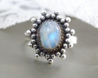 Vintage Sterling Silver 925 Rainbow Moonstone Moonglow Artist Signed Band Ring Size 6