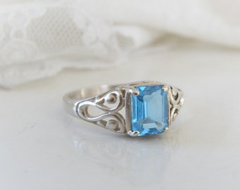 Vintage Victorian Antique Style Sterling Silver 925 Kabana Emerald Cut Blue Topaz Solitaire Ring Size 10