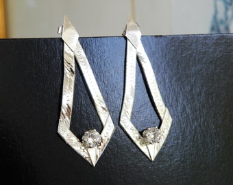 Vintage Art Deco Style Italy Sterling Silver 925 CZ Long Earrings