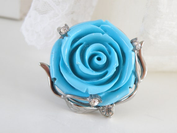 Estate Large Silver Carved Faux Turquoise Flower … - image 1