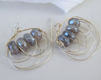 Vintage Minimalist Sterling Silver 925 Modernist Labradorite Dangle Earrings