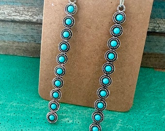 Vintage Southwestern Style Silver Long Petit Point Turquoise Earrings