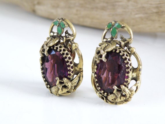 Vintage Czech Glass & Enamel Amethyst Snake Earri… - image 3