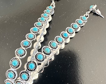 Vintage Southwestern Style Silver Large Long Turquoise Hoop Earrings