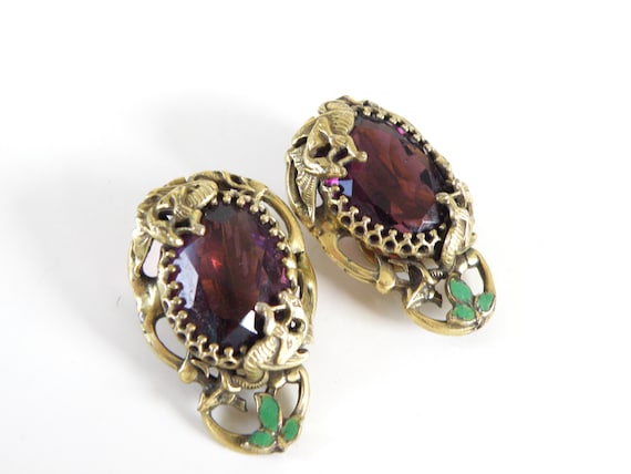 Vintage Czech Glass & Enamel Amethyst Snake Earri… - image 4