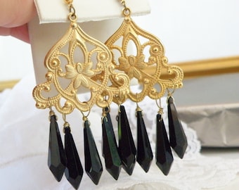 Vintage Greece 14K Yellow Gold Overlay Extra Long Statement Black Chandelier Dangle Drop Earrings