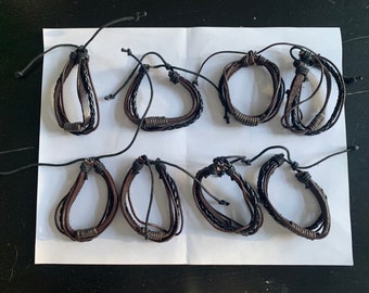 Bulk lot of 8 Rustic Sterling Silver 925 Leather Wrap Brown Black Adjustable Boho Bolo Bracelet