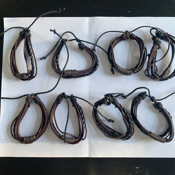 Bulk lot of 8 Rustic Sterling Silver 925 Leather Wrap Brown Black Adjustable Boho Bolo Bracelet