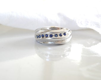 Vintage Sterling Silver 925 Genuine Sapphire Wavy Wave Band Ring Size 8.5