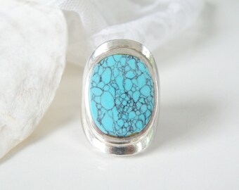 Vintage Chunky Sterling Silver 925 Spider Web Turquoise Elongated Size 8 Ring