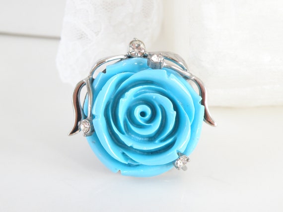 Estate Large Silver Carved Faux Turquoise Flower … - image 5