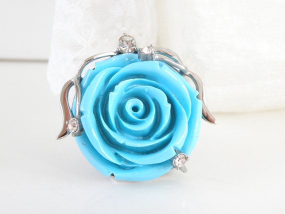 Estate Large Silver Carved Faux Turquoise Flower … - image 9