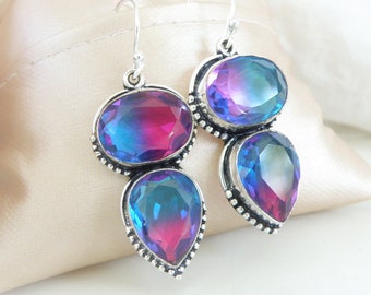 Vintage Big Chunky Sterling Silver Blue Pink Bicolor Quartz Dangle Bali Earrings