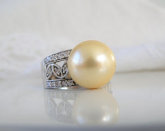 Vintage Designer Signed Sterling Silver 925 Sim Pearl Diamond Organic Cocktail Ring Size 9