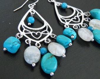 Vintage Sterling Silver 925 Southwestern Turquoise Moonstone Chandelier Dangle Earrings