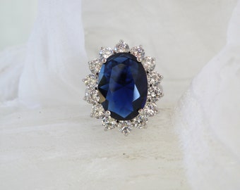 Kenneth Jay Lane Large Simulated Sapphire Princess Diane Engagement Halo Ring Size 8