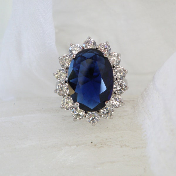 Kenneth Jay Lane Large Simulated Sapphire Princess Diane Engagement Halo Ring Size 8