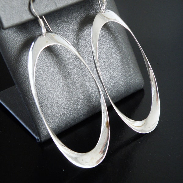 Vintage Sterling Silver 925 Large Modern Oval Long Dangle Earrings