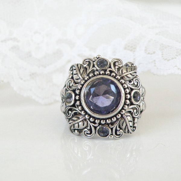 Vintage Handmade Sterling Silver 925 Amethyst Floral Organic Ring Size 6