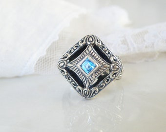 Artisan Chunky Sterling Silver 925 Blue Topaz Unique Chunky Bali Ring Size 8