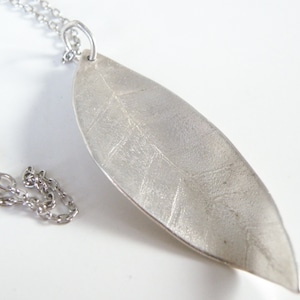 May include: A silver leaf pendant necklace with a delicate chain. The leaf is textured and has a slightly curved shape.