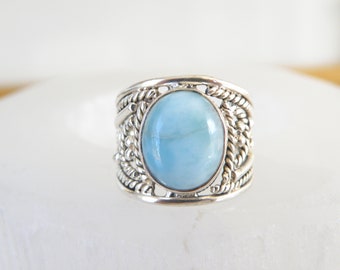 Vintage Sterling Silver 925 Bohemian Genuine Larimar Cable Big Band Ring Size 6